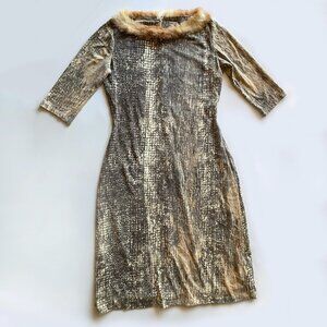 Vintage Luxury Italian Sheath Dress Genuine Faux Fur Trim 1990s Unworn 44 IT